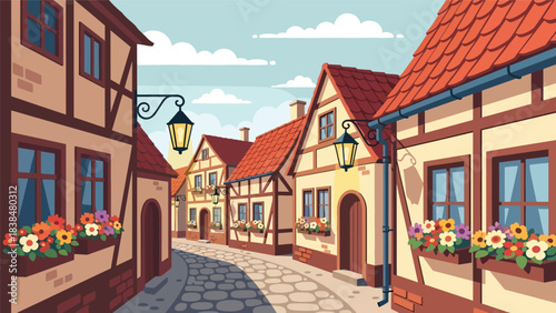 Flat illustration of a European old countryside street with lanterns, cobblestone, and flowers. Ideal for travel and culture themes
