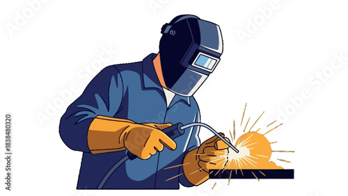 A welder wearing protective gear, including a mask and gloves, is actively welding metal, creating bright sparks.