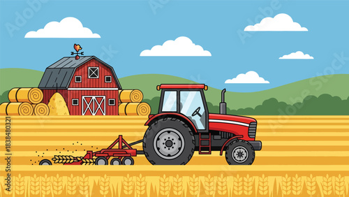 Flat illustration of a wheat field with tractor, barn, and hay rolls. Ideal for agriculture, countryside work, and rural lifestyle themes