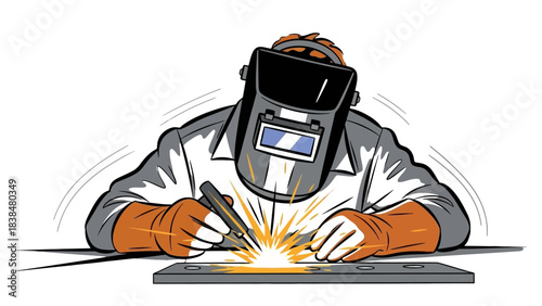 A person wearing a welding helmet and gloves, actively welding a metal piece with bright sparks.