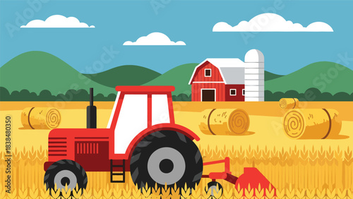 Flat illustration of a wheat field with tractor, barn, and hay rolls. Ideal for agriculture, countryside work, and rural lifestyle themes