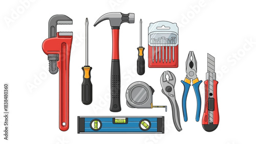 Collection of assorted home improvement and repair tools, including wrenches, hammers, screwdrivers, and utility knives