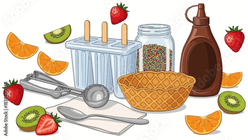 Assortment of fresh fruits, ice cream cone, scoop, and sprinkles for making delicious frozen treats and desserts