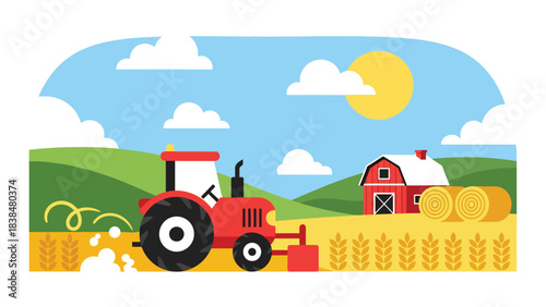 Flat illustration of a wheat field with tractor, barn, and hay rolls. Ideal for agriculture, countryside work, and rural lifestyle themes