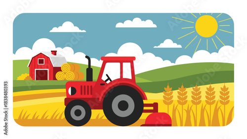 Flat illustration of a wheat field with tractor, barn, and hay rolls. Ideal for agriculture, countryside work, and rural lifestyle themes