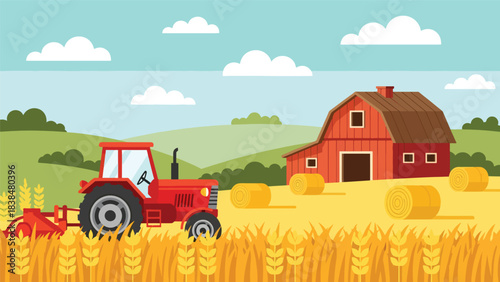 Flat illustration of a wheat field with tractor, barn, and hay rolls. Ideal for agriculture, countryside work, and rural lifestyle themes