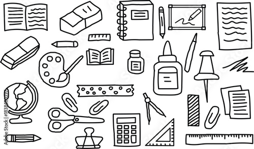 Assortment of Hand- Drawn School and Office Supplies
