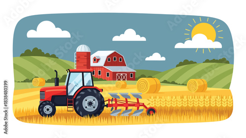 Flat illustration of a wheat field with tractor, barn, and hay rolls. Ideal for agriculture, countryside work, and rural lifestyle themes