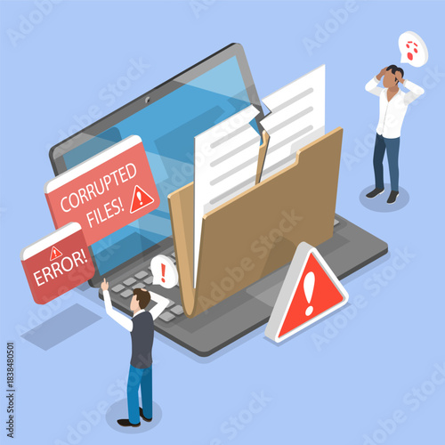 3D Isometric Flat Vector Illustration of Corrupted Files, Frustrated Individuals Looking At Broken File
