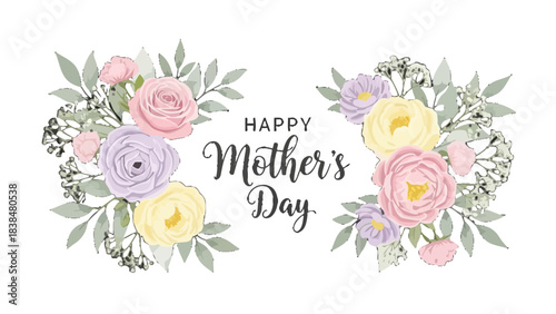 Happy Mother's Day greeting card with beautiful pastel floral arrangements on a white background.