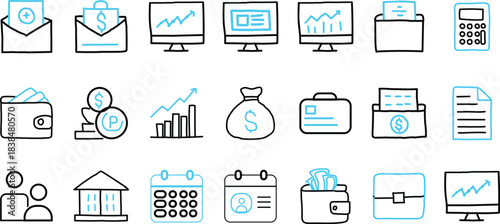 Hand Drawn Finance And Business Icons In Blue And Black