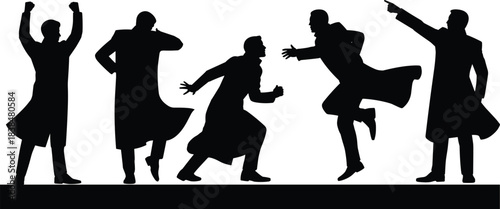 Silhouette collection of expressive men posing, jumping, pointing, celebrating and reacting, dynamic male figure set for creative design use