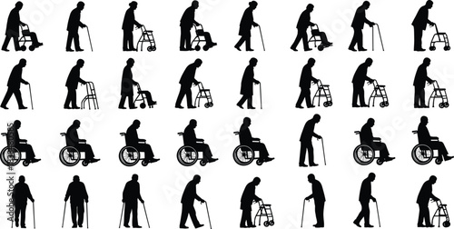 Silhouette collection of elderly people walking with canes, using walkers and wheelchairs, mobility assistance figures for healthcare design