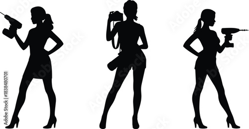 Silhouette women posing with tools and camera, empowered female workers, professional artistic concept, strong modern feminine representation