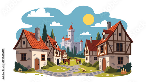 Flat illustration of a medieval European village with castle tower, stone houses, and horses. Ideal for culture, history, and rural travel themes