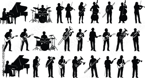 Silhouettes of musicians playing piano, drums, guitar, violin, trombone, tuba and trumpet in diverse orchestra and band performances