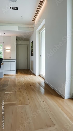 Bright and airy indoor space showcases elegant wooden flooring and large windows that overlook a lush green garden area