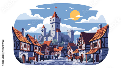 Flat illustration of a medieval European village with castle tower, stone houses, and horses. Ideal for culture, history, and rural travel themes