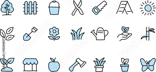 Garden and Nature Icons Set Keywords: garden, nature, tree, fence, bucket, scissors, saw, ladder