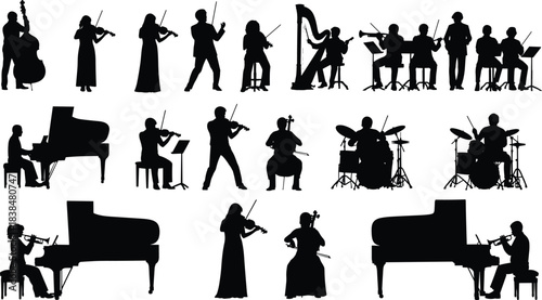 Silhouettes of musicians playing various instruments including piano, violin, cello, drums, harp, trumpet, orchestra performers for creative design