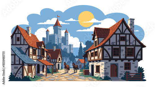 Flat illustration of a medieval European village with castle tower, stone houses, and horses. Ideal for culture, history, and rural travel themes