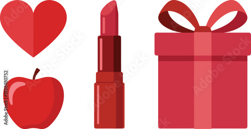Arrangement of red-colored items: a heart shape, an apple, a lipstick, and a gift box with a bow