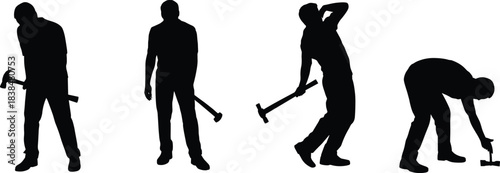 Worker silhouettes with hammer performing various labor tasks, construction poses, manual work actions, bending, standing, striking, tool usage scenes