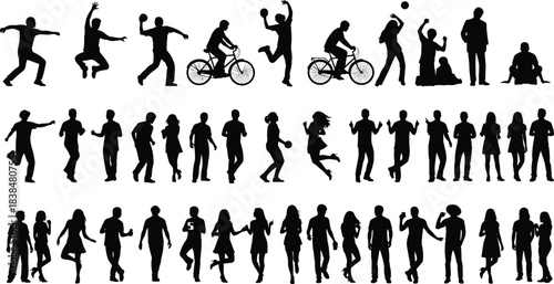 Silhouettes of people walking, running, biking, jumping, playing sports, standing, and posing in various active lifestyle movements