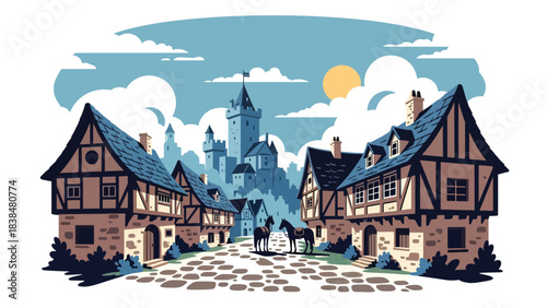 Flat illustration of a medieval European village with castle tower, stone houses, and horses. Ideal for culture, history, and rural travel themes