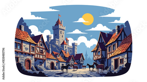Flat illustration of a medieval European village with castle tower, stone houses, and horses. Ideal for culture, history, and rural travel themes
