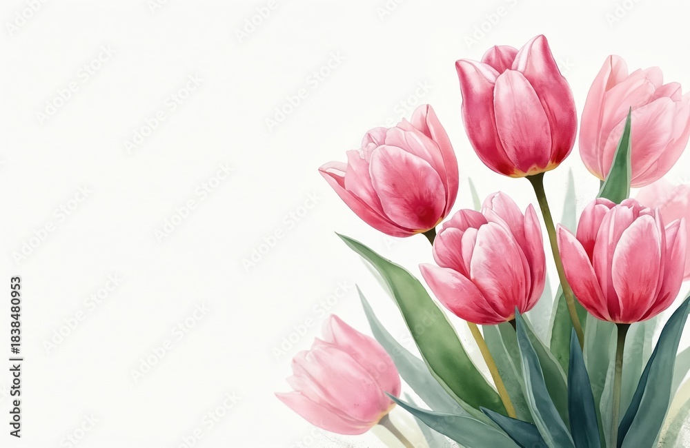 Fototapeta premium Watercolor illustration with pink tulips. Floral painting features springtime bloom. Beautiful flowers on white background suitable for cards posters. Botanical design perfect for weddings mothers