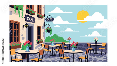 Flat illustration of a cozy village café with outdoor seating, flowers, and bicycles. Ideal for lifestyle, travel, and charming European countryside themes