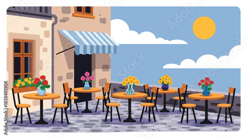 Flat illustration of a cozy village café with outdoor seating, flowers, and bicycles. Ideal for lifestyle, travel, and charming European countryside themes