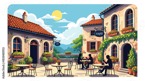 Flat illustration of a cozy village café with outdoor seating, flowers, and bicycles. Ideal for lifestyle, travel, and charming European countryside themes