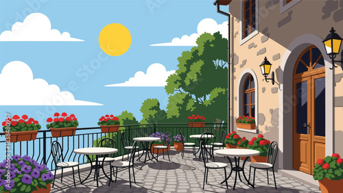 Flat illustration of a cozy village café with outdoor seating, flowers, and bicycles. Ideal for lifestyle, travel, and charming European countryside themes
