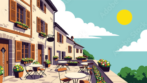Flat illustration of a cozy village café with outdoor seating, flowers, and bicycles. Ideal for lifestyle, travel, and charming European countryside themes