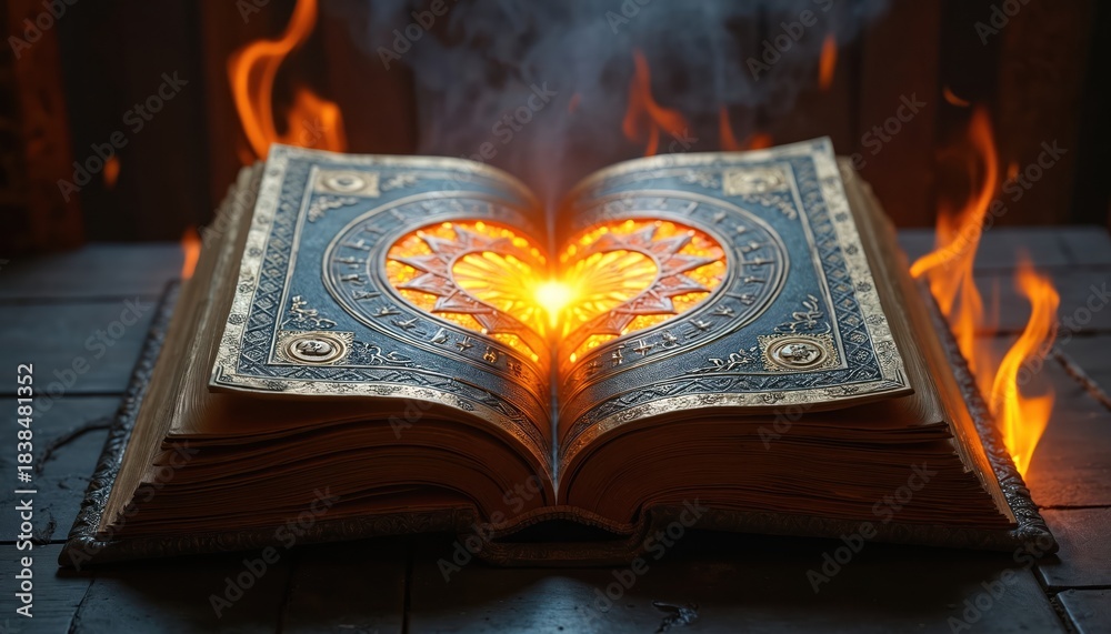 Fototapeta premium Open book with burning pages and glowing heart mandala inside. Ancient tome emits radiant light and smoke. Mystical arcane object on wooden table ignites. Forbidden lore revealed in fiery magic.