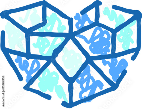Abstract blue heart with geometric lines and scribbles