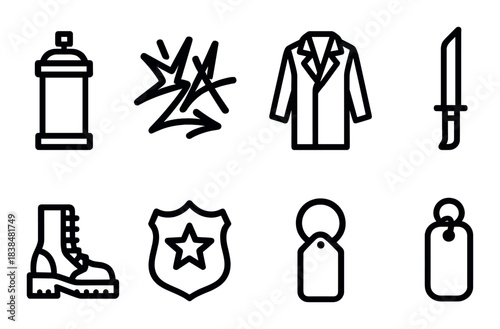 Graffiti art icons: spray paint, coat, knife, boot, badge, dog tags
