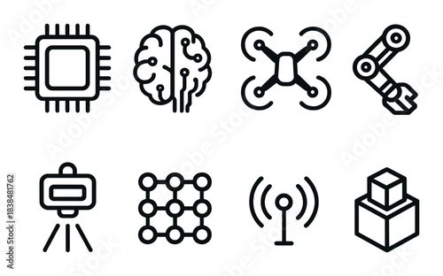 Futuristic technology icons featuring microchip, brain, drone, robot arm, ai, grid, antenna, cube