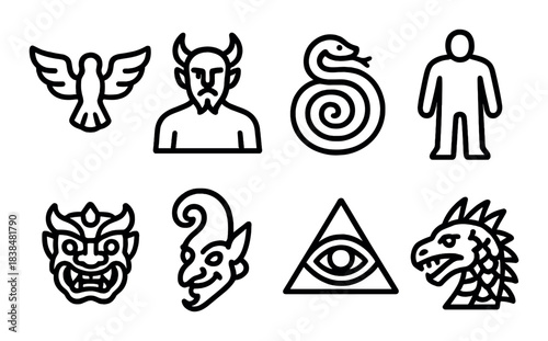 Mystical symbols: demon, serpent, human, and mythical creatures in dark silhouettes