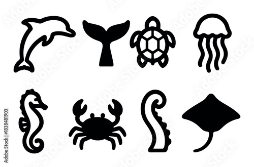 Silhouettes of marine animals: dolphin, whale tail, turtle, jellyfish, seahorse, crab, tentacle, stingray