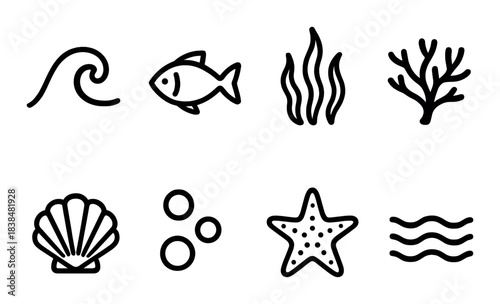 Set of ocean symbols: fish, coral, seaweed, shell, waves, bubbles, starfish