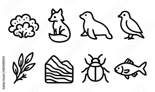 Outlined icons of forest animals and nature elements on brown background