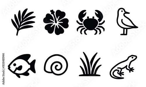 Silhouette collection of nature icons featuring animals and plants