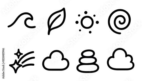 Minimalist nature symbols: wave, leaf, sun, spiral, stars, cloud, stones, cloud
