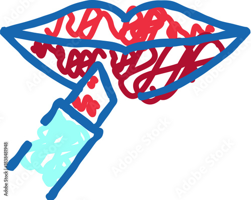 Lips applying red lipstick doodle outline icon