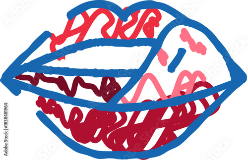 Abstract scribbled lips drawing with colorful pop art style