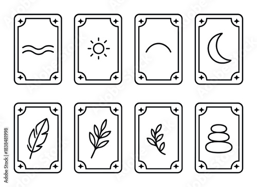 Minimalist tarot card set with nature and symbol designs on dark background