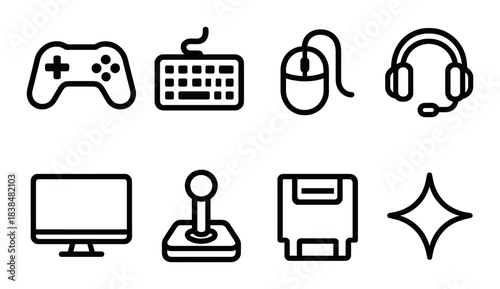 Retro gaming icons: controller, keyboard, mouse, headset, monitor, joystick, floppy disk, sparkle
